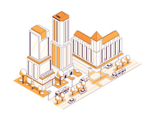 Banking and stock exchange building - vector isometric illustration. Financial center of the city, busy highway with cars, bus, traffic lights and pedestrian crossings. Modern architecture idea