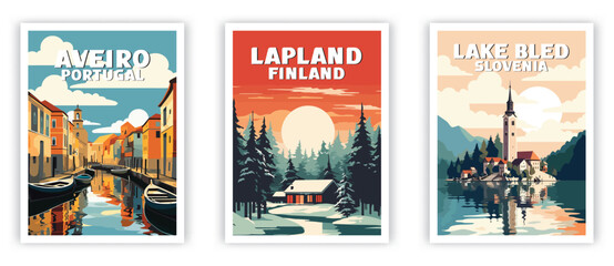 Lake Bled, Aveiro, Lapland Illustration Art. Travel Poster Wall Art. Minimalist Vector art
