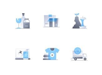 Spoiled products and things - flat design style icons set. High quality colorful images of broken glass, garbage, boxes, fruit cores, broken gadget, old clothes, truck for transportation idea