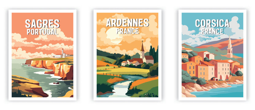 Sagres, Corsica, Ardennes Illustration Art. Travel Poster Wall Art. Minimalist Vector art