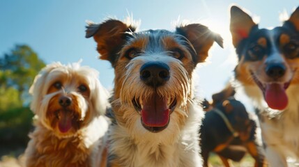 Capture a dynamic low-angle perspective of enthusiastic dogs panting joyfully post-activity Highlight their textured fur