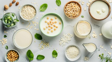 Different vegan plant milk and ingredients on gray background