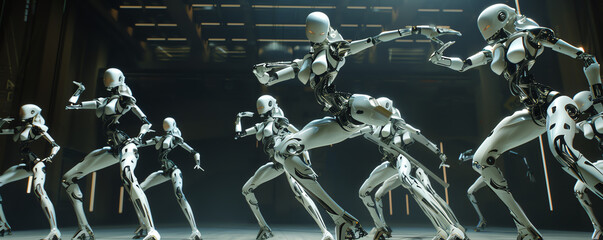 Experience the futuristic allure of a Wide-angle VR Robotic Ballet Envision sleek, metallic dancers in CG 3D, pirouetting amidst a digital utopia