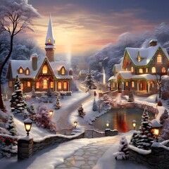 Winter landscape with christmas trees and houses. 3D rendering.