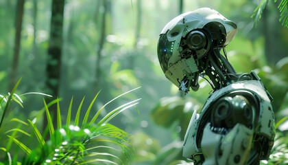 Explore a robotic jungle explorer at eye level, featuring sleek metal limbs against a lush, verdant backdrop The contrast of technology and nature is key - obrazy, fototapety, plakaty
