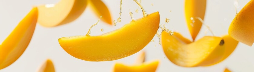 Dynamic graphic poster with mango slices suspended in midair, using negative space to create a sense of motion and lightness