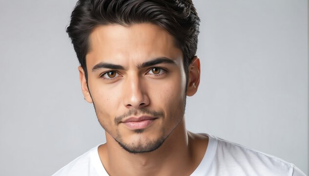 handsome charming hispanic male model studio portrait on plain white background from Generative AI