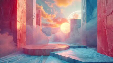 A surreal setting with a floating podium in a dreamlike space, with abstract shapes and colors blending harmoniously.