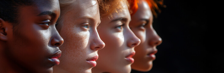 Four women faces of different races and ages on black background. Close up, banner. Feminism...