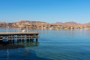 Sharm El-Sheikh, Egypt: Red sea beach coastal mountain view.