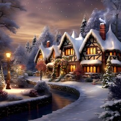 Winter night in the village. Winter fairy tale in the village.
