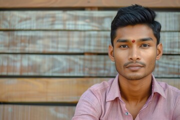 Fototapeta premium Portrait of a pleasant looking man of Indian origin against a wooden background