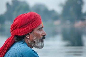 Portrait of Indian man wearing red turban on lakeshore