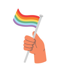 Hand holding rainbow flag. Pride month. Flat cartoon style vector illustration isolated on white background