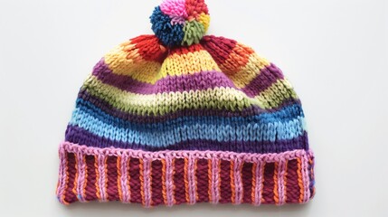 A rainbow-striped knitted hat with pom-poms, presented against white for a vibrant contrast.