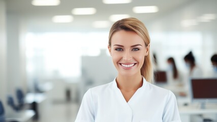 Fototapeta premium Young smiling female dentist on blured dental clinic