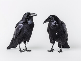 Naklejka premium Two Ravens Facing Each Other on White Background