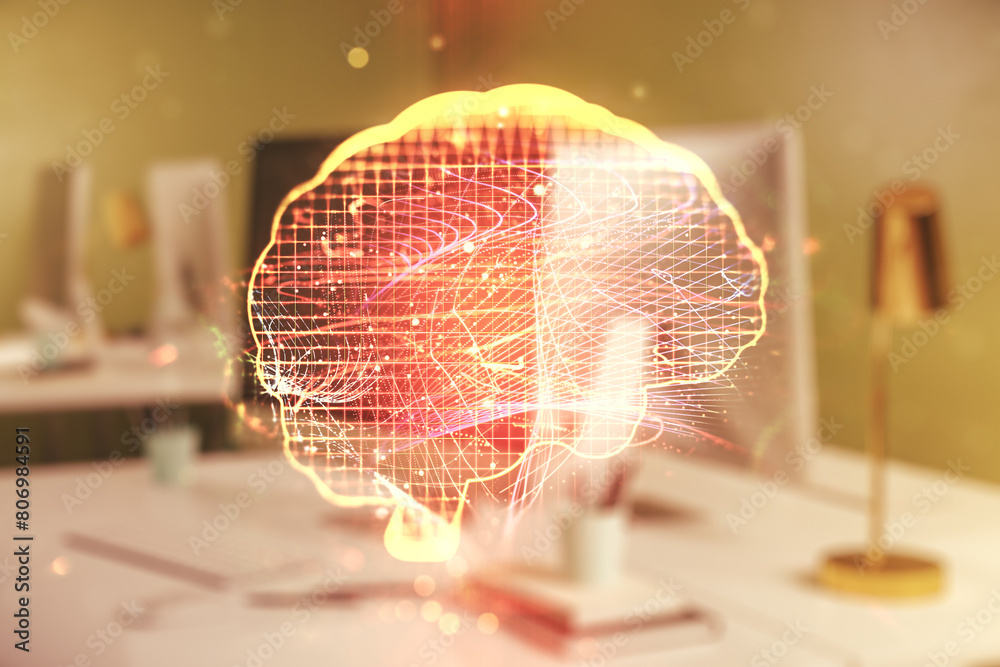 Leinwandbilder double exposure of creative human brain microcircuit with computer on background. future technology 
