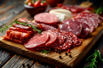 Obraz premium A wooden board with a variety of meats and vegetables on it