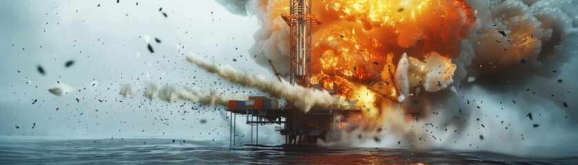 Powerful explosion on an offshore drilling platform, debris flying into the air with the ocean churning below