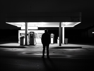 Solitary Man at a Nighttime Gas Station