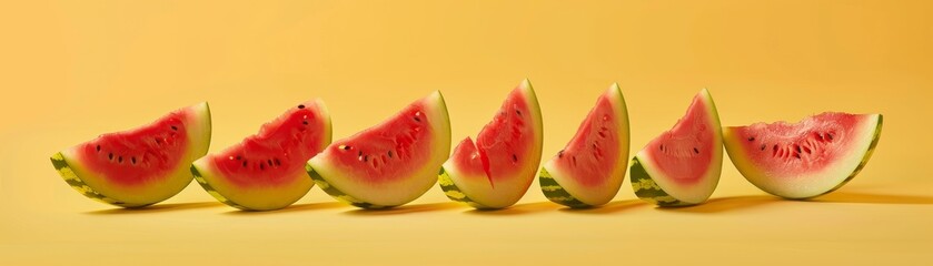 Conceptual art poster depicting watermelon segments arranged in an orderly fashion, levitating with a crisp, minimalist background - obrazy, fototapety, plakaty