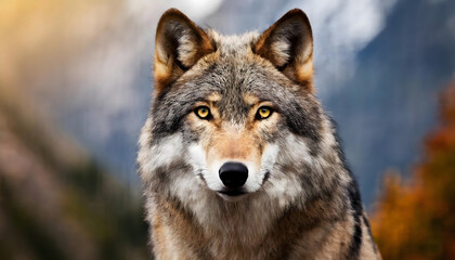 Fototapeta premium Close Up of Wolf With Mountain Background. Generative AI