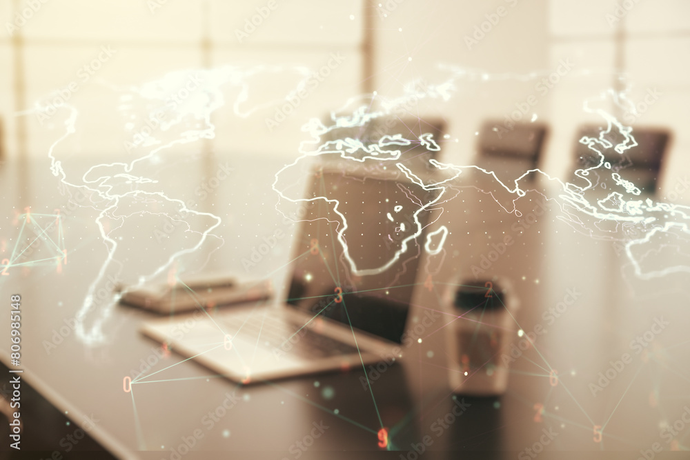 Poster abstract creative digital world map on modern computer background, globalization concept. multiexpos