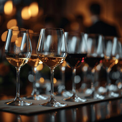 
Wine glasses in a row with a group of people on catering. Buffet table celebration of wine tasting.