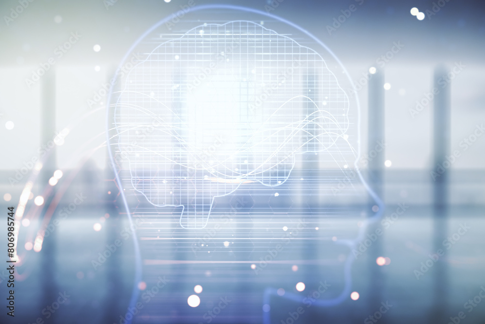 Aufkleber double exposure of creative artificial intelligence hologram on empty modern office background. neur