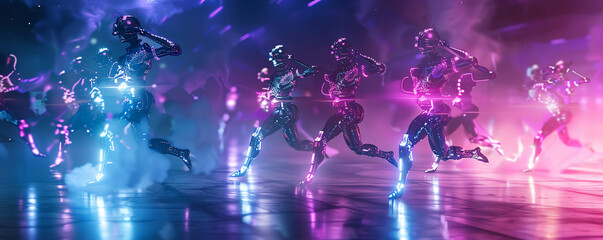 Incorporate sleek holographic projections of robots blending with graceful ballet dancers Illuminate the scene with neon strobes and UV lights for a dynamic fusion of movement and 