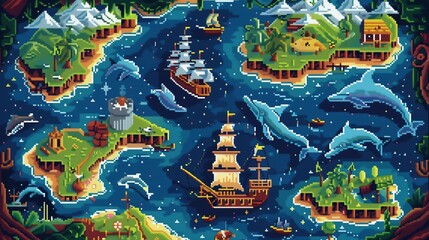 Vibrant digital pixel art map in 8-bit style, depicting islands as treasure spots, with pixelated marine life and historic ships.