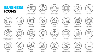 Business icon set, minimal line art design pack. Credit card icon, exchange, ATM, cash, wallet and sale, money transfer and cashdesk, phone and location, team and signature icons