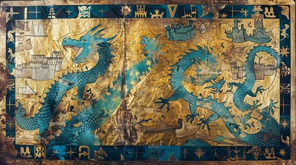 Medieval manuscript-style map, illuminated with gold, depicting mythical dragons guarding treasures and old maritime forts.