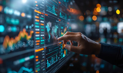 Modern businessman analyzing sales charts and financial data on interactive screen. Digital marketing analytics and business strategy visualization.
