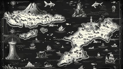 Minimalist nautical map in black and white, emphasizing hidden underwater volcanoes and mythical landmasses with stark contrasts. - obrazy, fototapety, plakaty