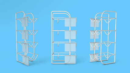 Wire display stand parasite for a supermarket. 3d illustration set on blue background