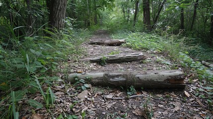 Fototapeta premium The image is a photograph of a forest path. The path is made of dirt and is surrounded by trees and shrubs.