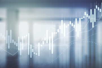 Multi exposure of virtual creative financial chart hologram on empty modern office background, research and analytics concept