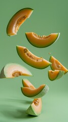 Conceptual art poster depicting cantaloupe segments in a levitating, orderly fashion with a crisp, minimalist background