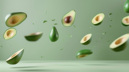 Conceptual art poster depicting avocado segments in a levitating, orderly fashion with a crisp, minimalist background