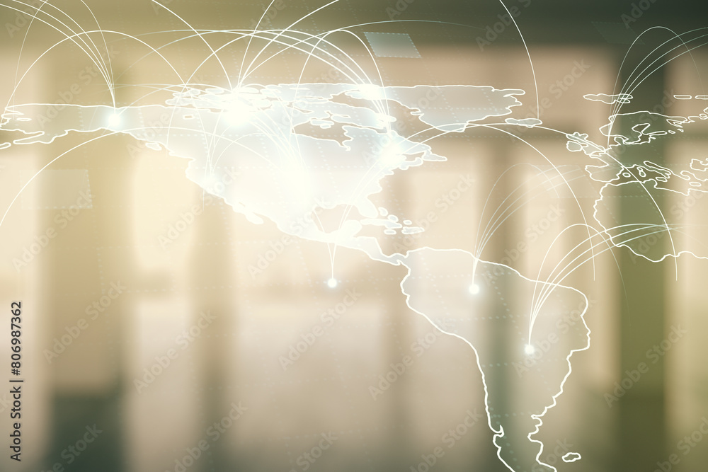 Poster Double exposure of abstract digital world map hologram with connections on empty room interior background, big data and blockchain concept