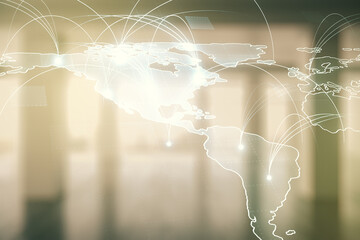 Double exposure of abstract digital world map hologram with connections on empty room interior background, big data and blockchain concept