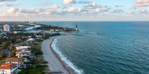 Aerial Landscape Shot of Hillsboro Lighthouse Pompano Beach Florida at Sunset.