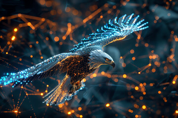 Visualize a majestic eagle soaring through a digital network of neon lights as it hunts, blending the worlds of wildlife and futuristic technologies in a stunning aerial view