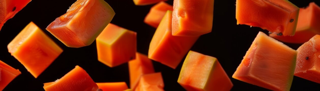 Abstract representation of papaya pieces cut and floating freely, utilizing negative space to enhance the fruits vivid texture and form