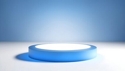 Empty Blue Round Podium Illuminated with Soft Natural Light on a Blue Background. Blue 3D Empty Stage Podium. Minimalistic Blank Scene for Presentation.