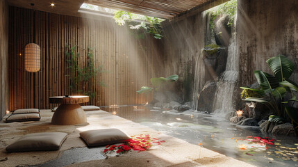 a zen meditation room with a podium made of bamboo, water features, and minimalist decor