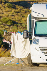 Clothes hanging to dry outdoor at caravan