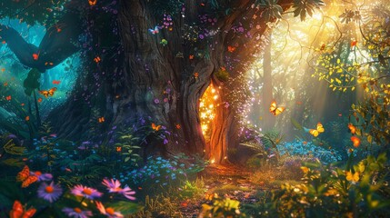 Enchanted tree trunk with glowing doorway and magical butterflies in a vibrant forest glade under soft sunlight.